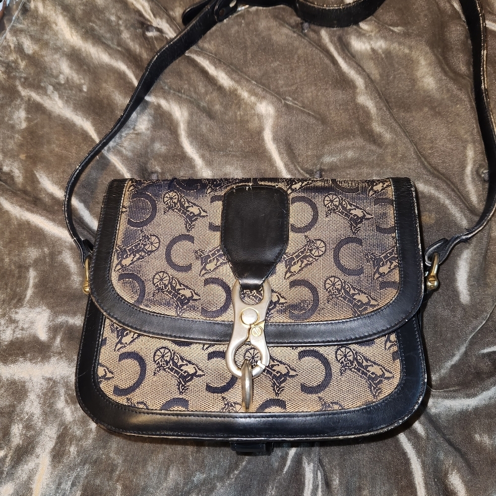 Authentic Celine Tan & Black Signature C Logo Crossbody with Gold Hardware
